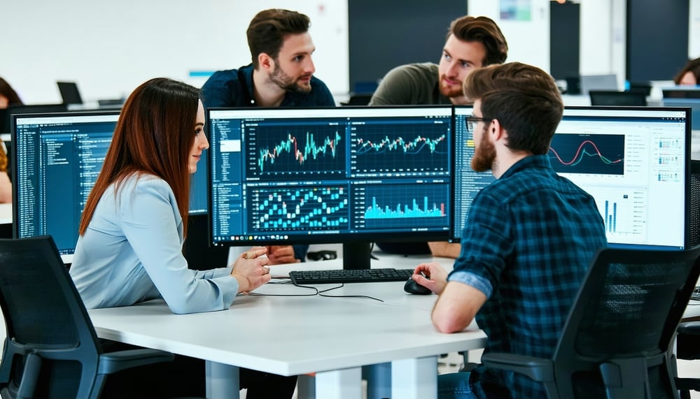 Digital marketing experts analyzing data on screens Digital marketing experts analyzing data on screens